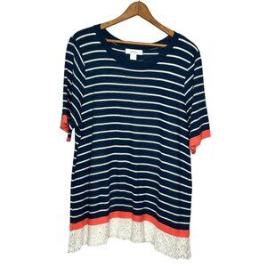 CJ Banks 1X Coral White Blue Striped Pointelle Knit Hem Pullover Sweater Plus‎